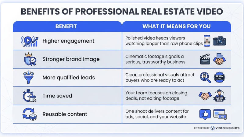 Educational table titled Benefits of Professional Real Estate Video outlining five key advantages including higher engagement, stronger brand image, more qualified leads, time saved, and reusable content.