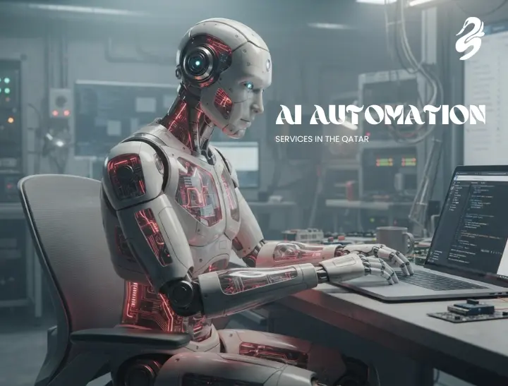 Promotional graphic featuring a futuristic humanoid robot typing on a laptop, advertising AI automation services in Qatar by Black Swan Media.