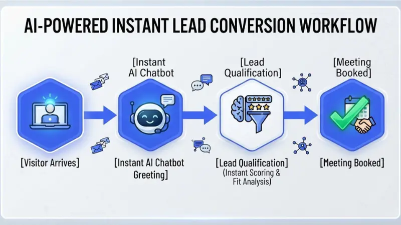 Workflow diagram titled AI-Powered Instant Lead Conversion Workflow, showing four steps from website visitor arrival to instant chatbot greeting, lead qualification, and meeting booking.