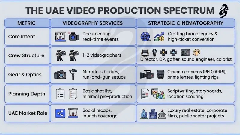 Comparison matrix titled The UAE Video Production Spectrum by Black Swan Media, contrasting standard videography services with strategic cinematography across core intent, crew structure, gear, planning depth, and market role.