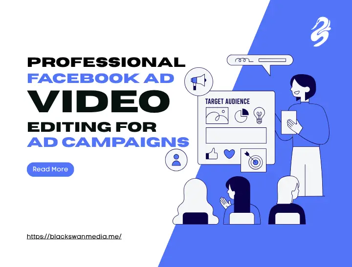 Promotional banner by Black Swan Media titled Professional Facebook Ad Video Editing for Ad Campaigns, featuring an illustration of a presenter explaining target audience marketing strategies.