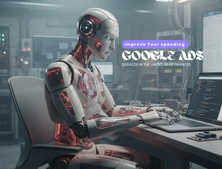 Futuristic humanoid robot managing PPC campaigns on a laptop, promoting Google Ads spend optimization services in the United Arab Emirates.