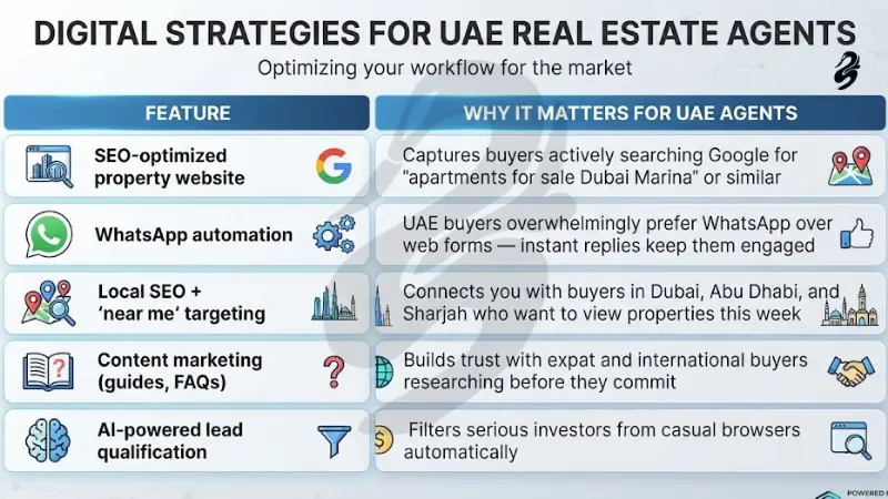 Comparison table titled Digital Strategies for UAE Real Estate Agents by Black Swan Media, mapping core digital features to market benefits including SEO property sites, WhatsApp automation, local SEO, content marketing, and AI lead qualification.