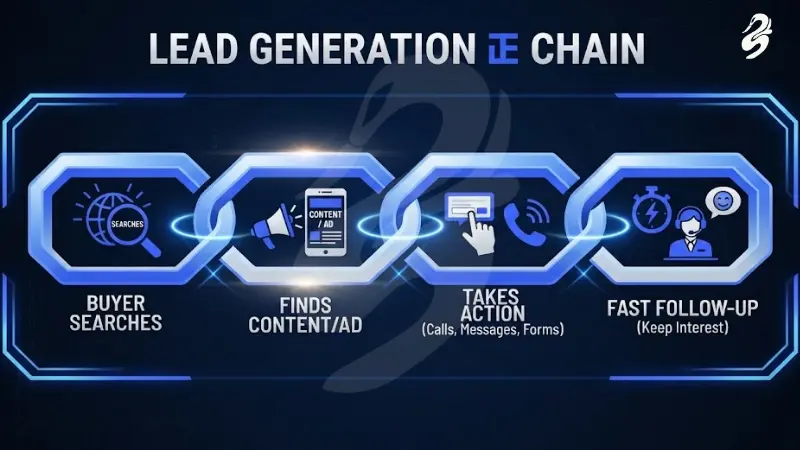 Flowchart graphic titled Lead Generation Chain depicting a 4-step sequence: Buyer Searches, Finds Content/Ad, Takes Action (Calls, Messages, Forms), and Fast Follow-Up (Keep Interest).