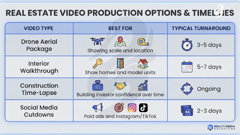 Comparison chart titled Real Estate Video Production Options & Timelines, outlining video types, ideal applications, and turnaround times for aerial drone packages, interior walkthroughs, construction time-lapses, and social media cutdowns.