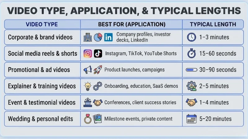 Reference table titled Video Type, Application, & Typical Lengths, detailing ideal durations and use cases for corporate videos, social media reels, promotional ads, explainers, testimonials, and event edits.