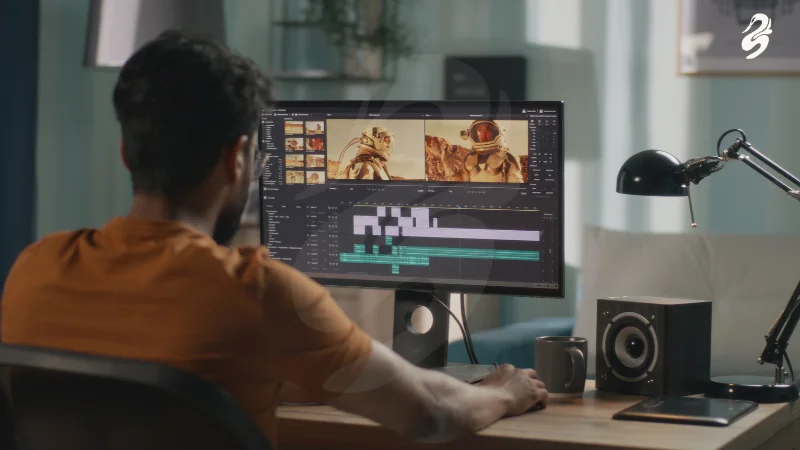 Video editor working on a post-production suite in a dimly lit studio, editing astronaut footage on a desktop monitor with Black Swan Media watermark.