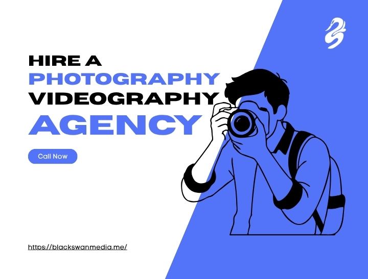 Promotional banner by Black Swan Media titled Hire a Photography Videography Agency featuring a vector illustration of a photographer taking a photo with a camera.