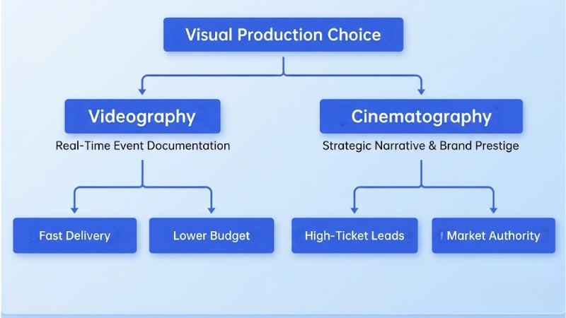 Decision flowchart titled Visual Production Choice branching into Videography (Real-Time Event Documentation) and Cinematography (Strategic Narrative & Brand Prestige) with key business benefits.