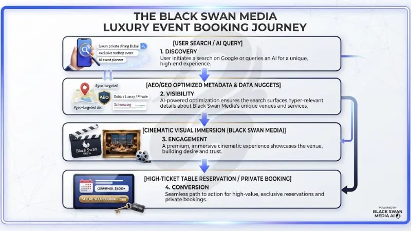 Flowchart titled The Black Swan Media Luxury Event Booking Journey outlining the four-stage user path from discovery and visibility to engagement and high-ticket conversion.