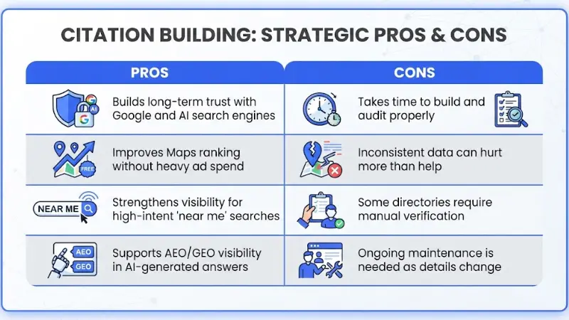 Strategic pros and cons comparison table titled Citation Building: Strategic Pros & Cons evaluating long-term trust, map rankings, near me visibility, and AEO/GEO support against time requirements, inconsistent data risks, manual verification, and ongoing maintenance.