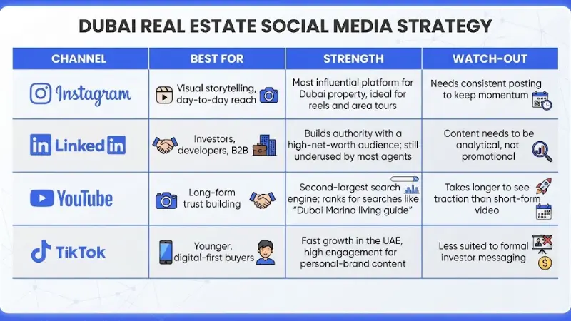 Matrix graphic titled Dubai Real Estate Social Media Strategy breaking down platform selection, ideal use cases, strengths, and key considerations across Instagram, LinkedIn, YouTube, and TikTok.