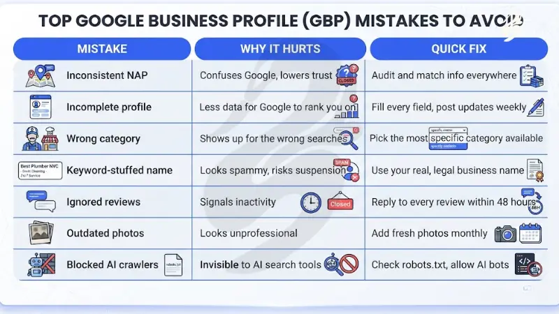 Google Business Profile mistakes guide titled Top Google Business Profile (GBP) Mistakes to Avoid comparing common listing errors against their impact and quick fixes.