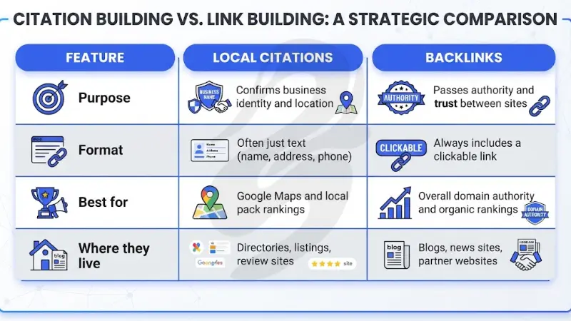 Comparison table titled Citation Building vs. Link Building: A Strategic Comparison contrasting purpose, format, best uses, and placement channels between local citations and backlinks.