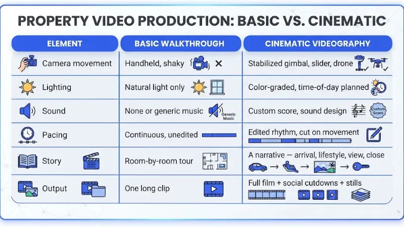 Comparison table titled Property Video Production: Basic vs. Cinematic contrasting camera movement, lighting, sound, pacing, story structure, and final output deliverables between basic walkthroughs and cinematic videography