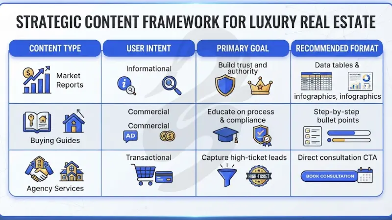 Strategic framework table titled Strategic Content Framework For Luxury Real Estate mapping content types like market reports, buying guides, and agency services to user intents, primary goals, and recommended formats.