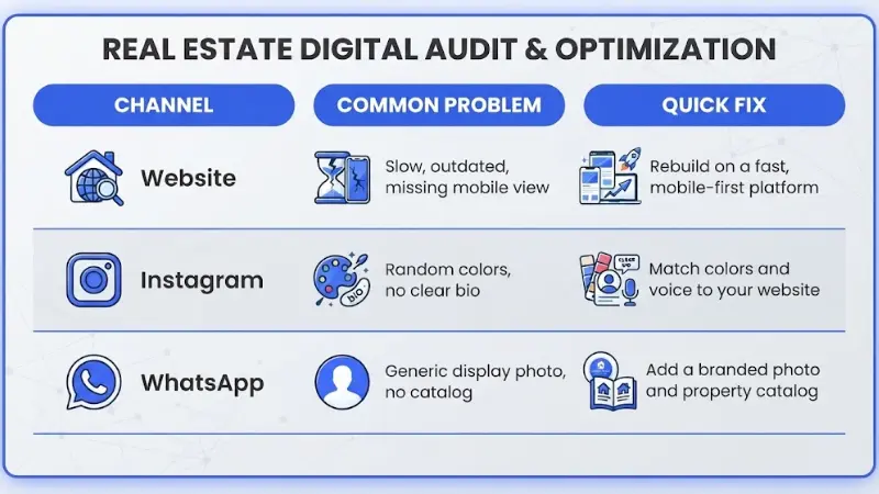 Diagnostic table titled Real Estate Digital Audit & Optimization mapping common problems and quick fixes across key marketing channels including Website, Instagram, and WhatsApp.