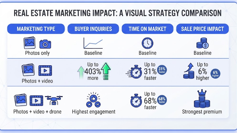 Educational infographic titled Real Estate Marketing Impact: A Visual Strategy Comparison comparing photos only, photos plus video, and photos plus video plus drone across buyer inquiries, time on market, and sale price.