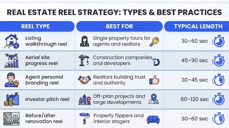 Strategy table titled Real Estate Reel Strategy: Types & Best Practices mapping reel types, best use cases, and typical durations across listing walkthroughs, aerial site progress, agent personal branding, investor pitches, and renovation transformations.