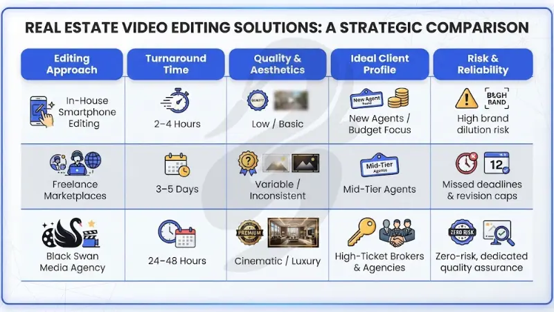 Black Swan Media Agency strategic evaluation matrix comparing turnaround speed, production quality, target audience tiers, and reliability risks between DIY smartphone content, freelance platforms, and professional agency editing.
