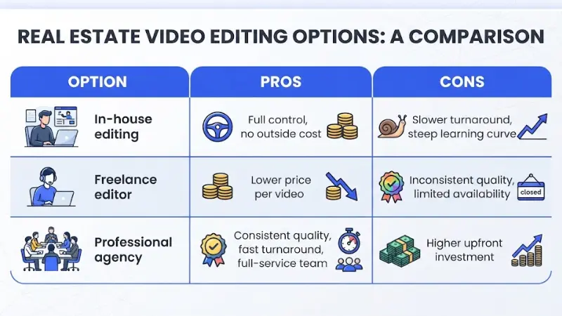 Comparison matrix titled Real Estate Video Editing Options: A Comparison evaluating the pros and cons of in-house editing, freelance editors, and professional agencies.