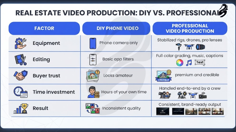 Comparison chart titled Real Estate Video Production: DIY vs. Professional, evaluating equipment, editing, buyer trust, time investment, and results.