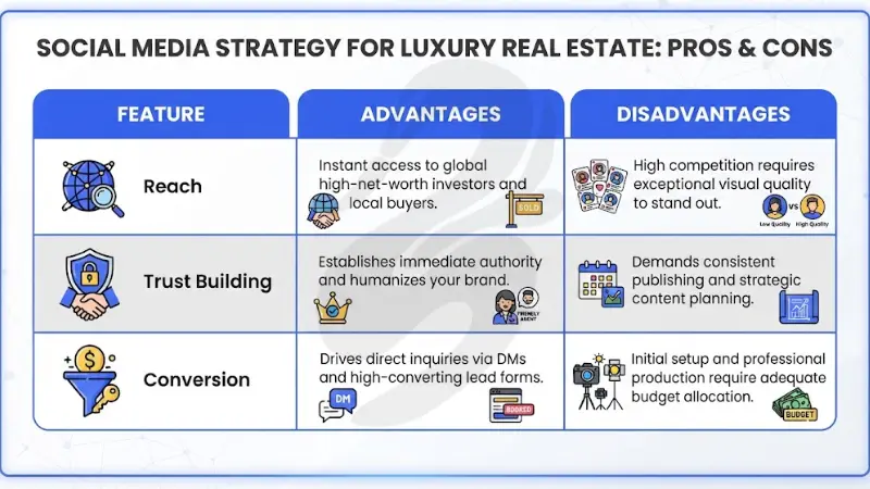 Comparison table titled Social Media Strategy For Luxury Real Estate: Pros & Cons evaluating the features of reach, trust building, and conversion against their respective advantages and disadvantages.