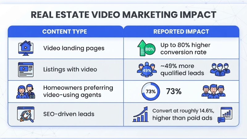 Statistical chart titled Real Estate Video Marketing Impact mapping four content types to reported metrics, including landing page conversion rates, qualified lead increases, homeowner agent preferences, and SEO lead conversion rates.