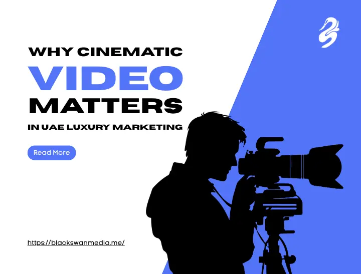 Promotional graphic by Black Swan Media titled Why Cinematic Video Matters in UAE Luxury Marketing, featuring a black silhouette of a videographer operating a camera on a tripod.