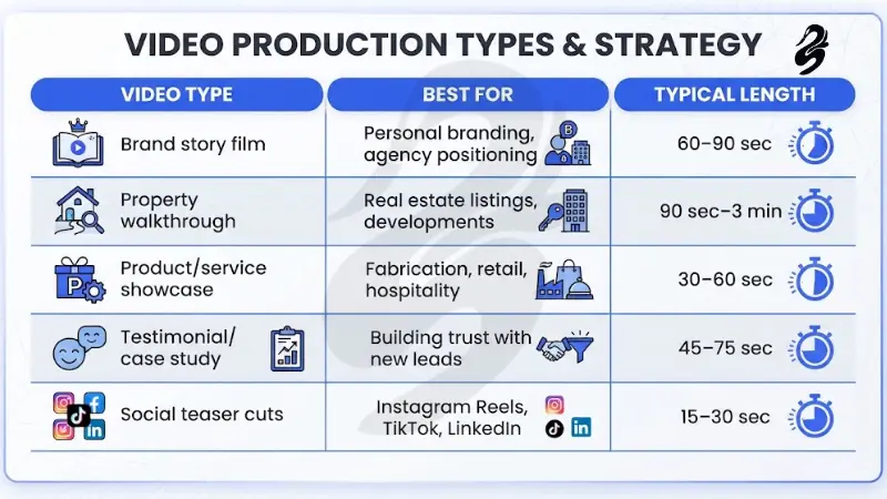 Strategy table titled Video Production Types & Strategy mapping video types, best use cases, and typical durations across brand story films, property walkthroughs, product showcases, testimonials, and social teaser cuts.