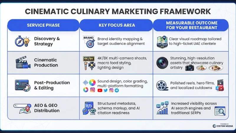 Cinematic Culinary Marketing Framework outlining service phases, key focus areas, and measurable outcomes across discovery and strategy, cinematic production, post-production, and AEO and GEO distribution.