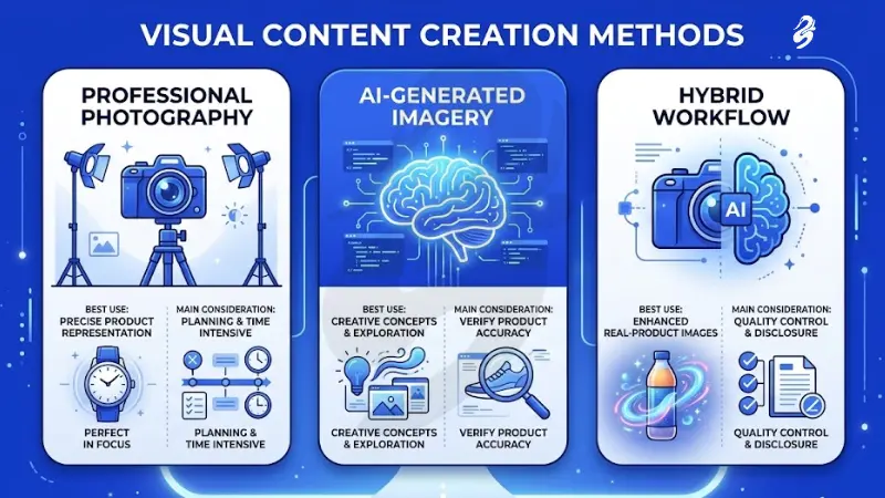 Strategic framework infographic titled Visual Content Creation Methods comparing professional photography, AI-generated imagery, and hybrid workflows by best use cases and main considerations.
