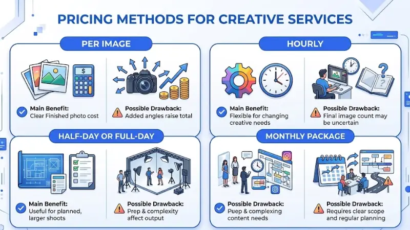 Strategic framework infographic titled Pricing Methods For Creative Services comparing Per Image, Hourly, Half-Day or Full-Day, and Monthly Package pricing models by their main benefits and possible drawbacks.