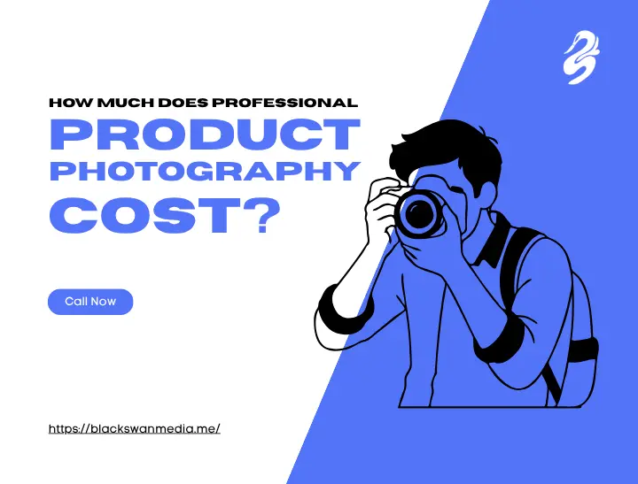 Promotional creative services banner by Black Swan Media titled How Much Does Professional Product Photography Cost? featuring an illustrated photographer with a camera, a blue "Call Now" button, and the website URL blackswanmedia.me.
