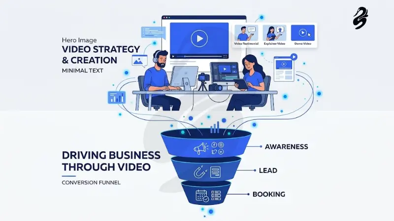 video marketing conversion funnel graphic titled Video Strategy & Creation and Driving Business Through Video, mapping video content production to the awareness, lead, and booking sales stages.