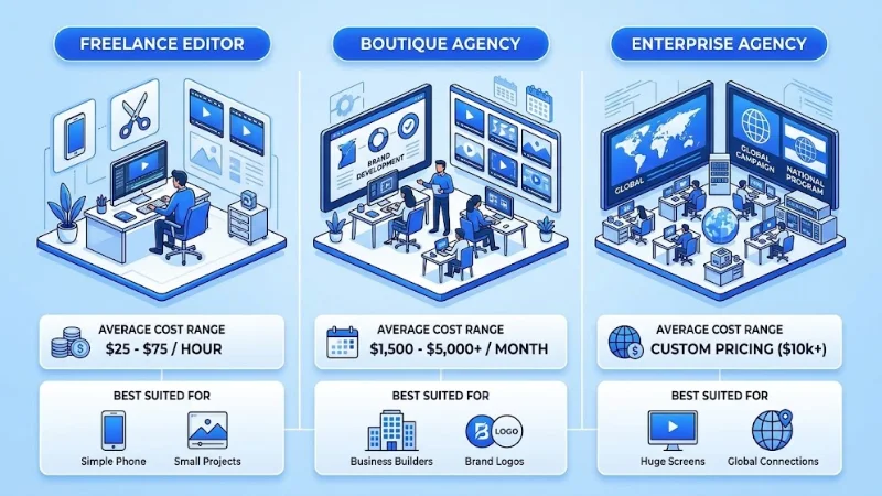 Strategic video production pricing and service comparison infographic contrasting freelance editors, boutique agencies, and enterprise agencies by average cost range, team structure, and best-suited project types.