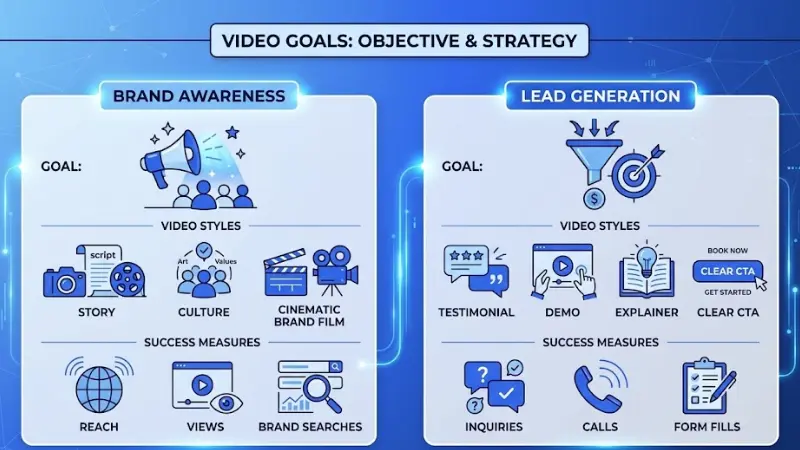 Strategic video marketing framework infographic titled Video Goals: Objective & Strategy comparing Brand Awareness and Lead Generation objectives across video styles and success measures.