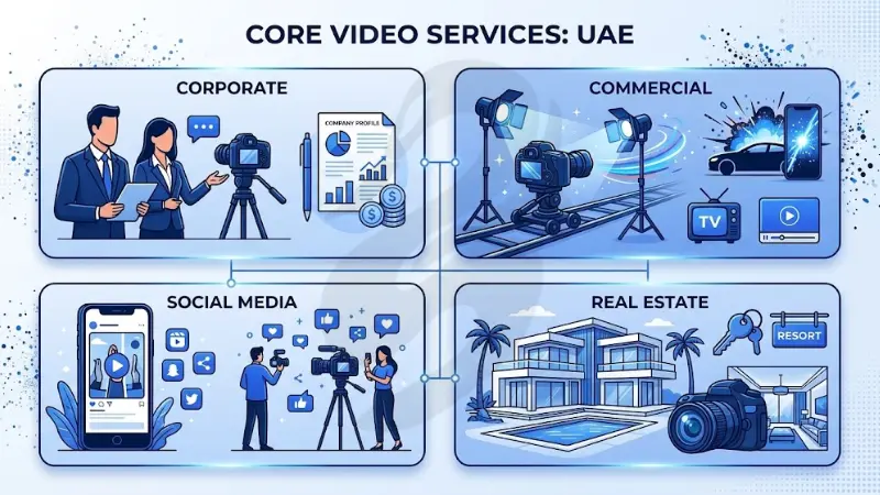 Strategic video production framework infographic titled Core Video Services: UAE breaking down corporate, commercial, social media, and real estate video production sectors in the United Arab Emirates market.